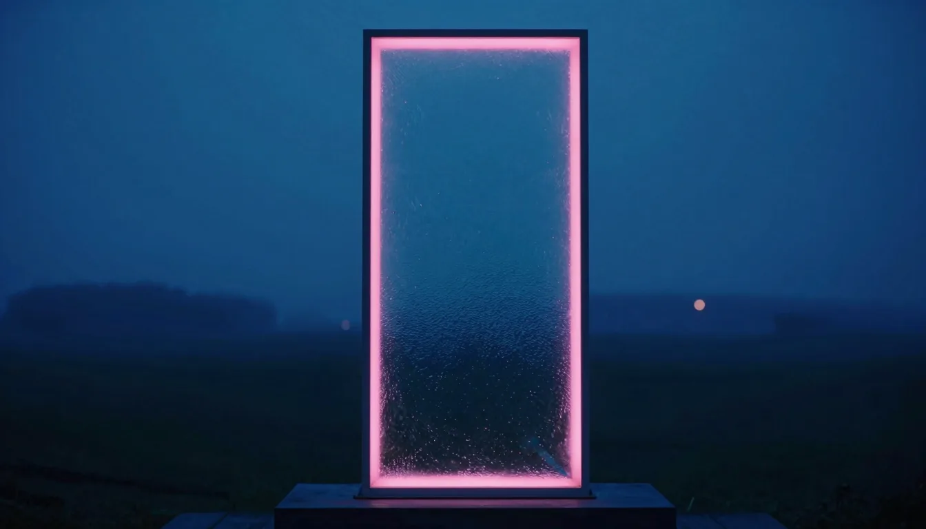 An upright pane of iridescent glass at dusk, a tall glowing vertical panel of light inside it with darker margins above and below.