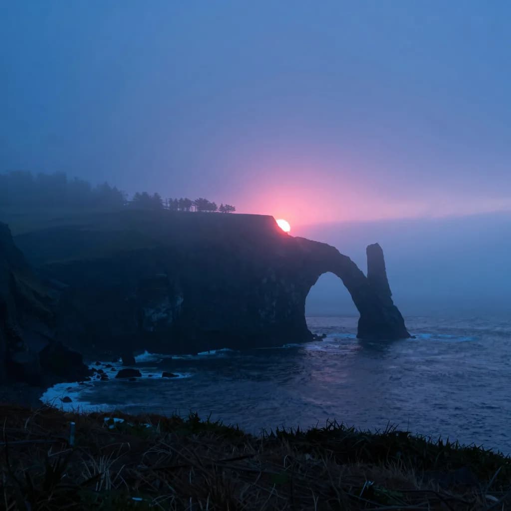 atmospheric wide of coastal sea stack or arch under electric-blue sky with hot-pink sunset - hero image for the iOS 17 ATT and pixel breakage explainer