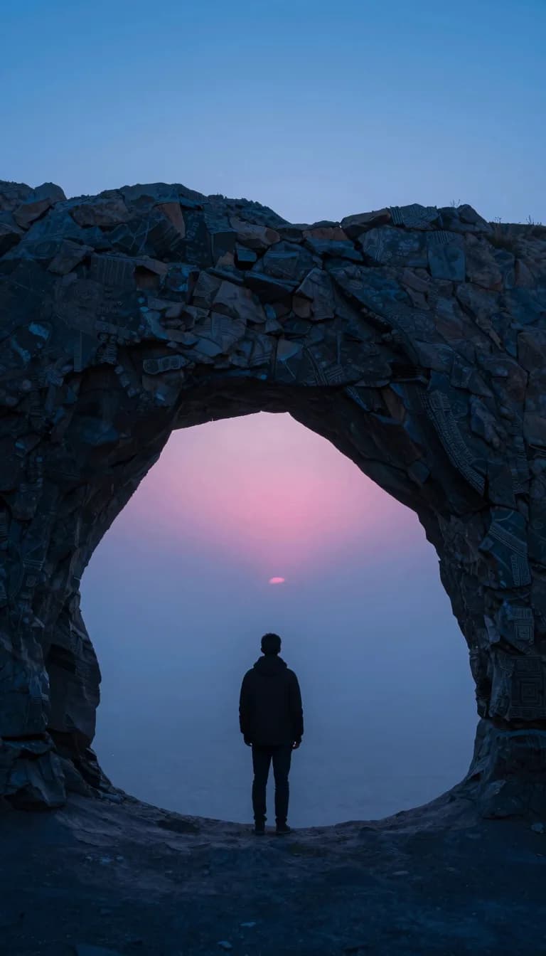 tall vertical of coastal sea stack or arch under electric-blue sky with hot-pink sunset - companion image for the iOS 17 ATT and pixel breakage explainer