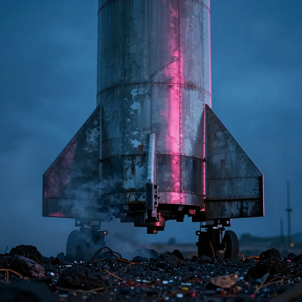 Close detail of the rocket tower's base, structural elements and cabling visible at ground level.
