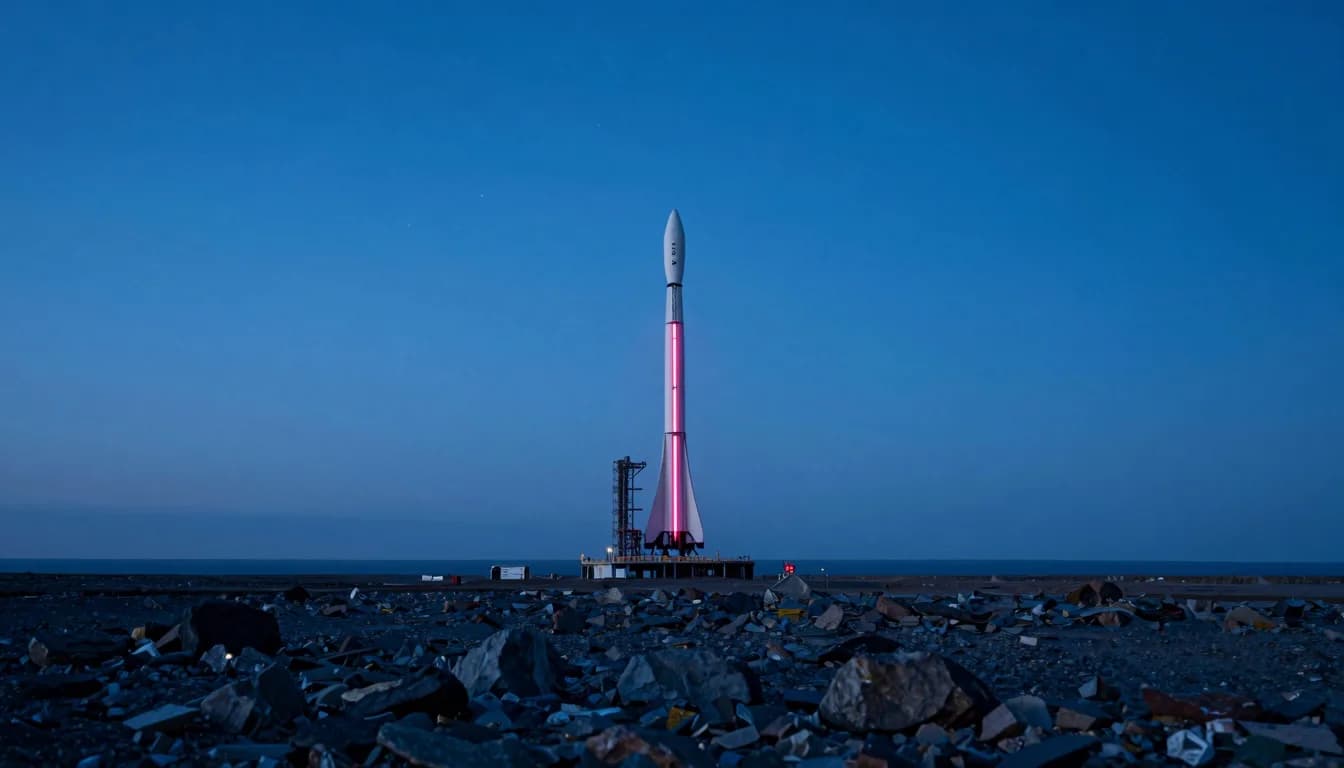 A solitary rocket tower viewed from a distance across a flat launch pad, the structure standing against an open sky.