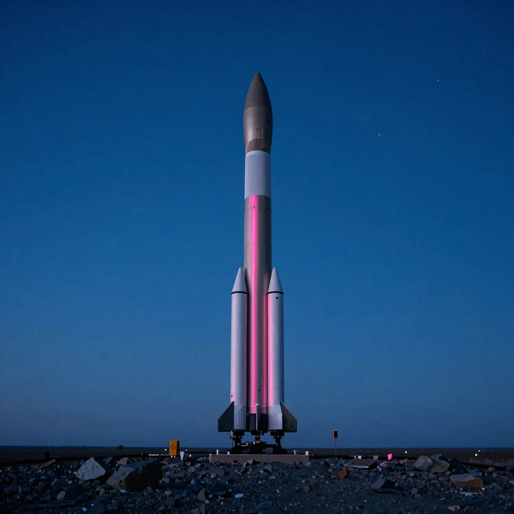 Frontal symmetrical composition of the rocket tower, camera perpendicular to its vertical axis.