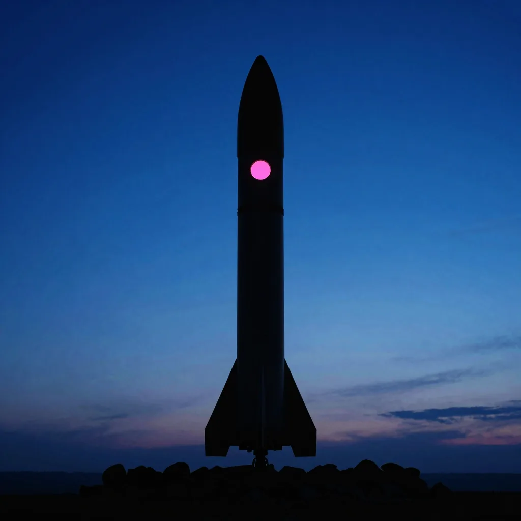 The rocket tower reduced to a backlit silhouette, form prioritized over surface detail.
