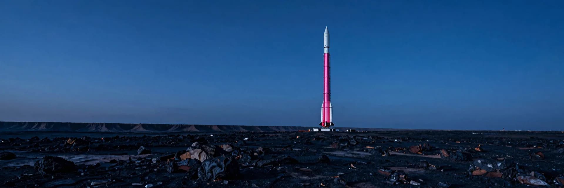 Ultra-wide view of the rocket tower against the horizon, vast surrounding terrain compressing the scene.