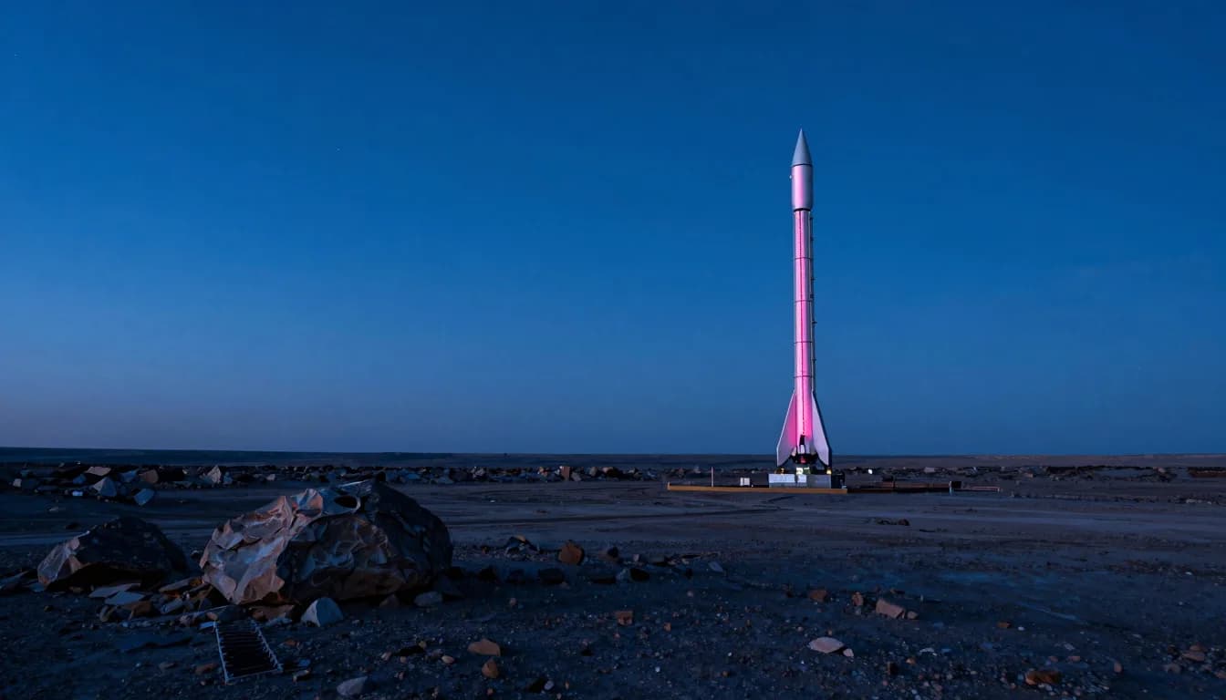 The rocket tower set within a wide basin, sweeping landscape framing the lone structure.