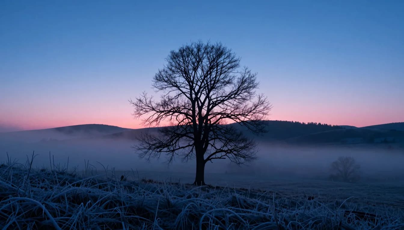 Single bare deciduous tree silhouetted on a distant rolling hill ridge at dawn, thick fog filling the valley below, hot-pink dawn glow on the highest ridge.