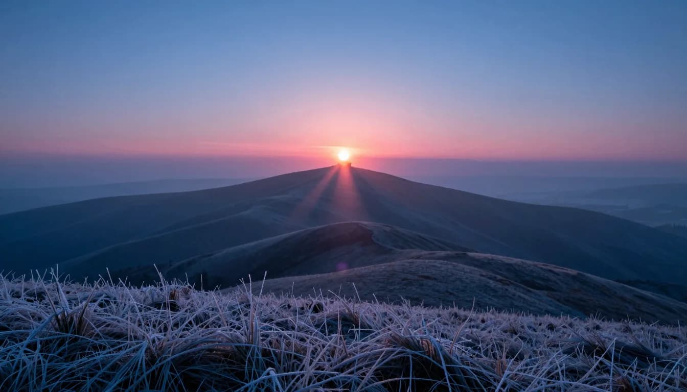 Dawn sun just cresting over a rolling hill ridge, the first hard sunbeam crossing a misty valley, hot-pink glow saturating the horizon.