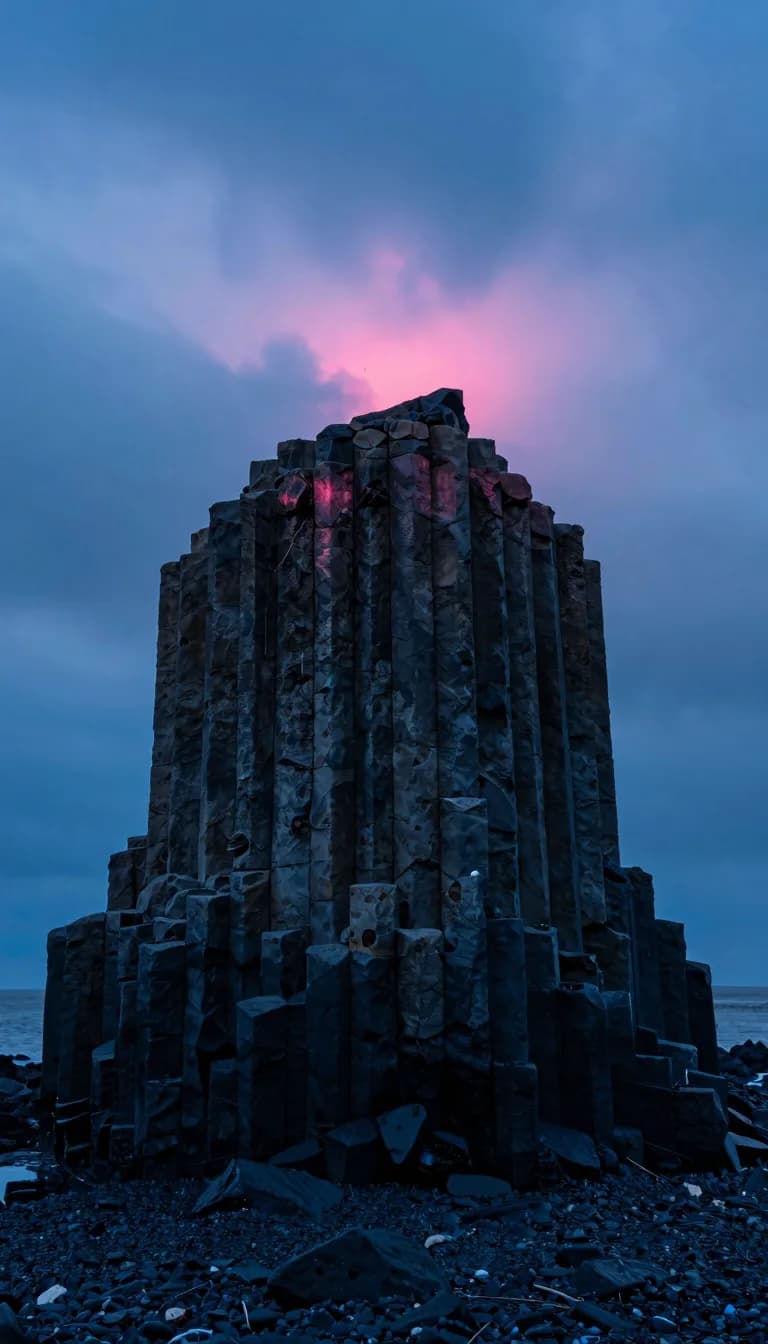 tall vertical of coastal sea stack or arch under electric-blue sky with hot-pink sunset - companion image for the Klaviyo vs Omnisend decision for a small catalog
