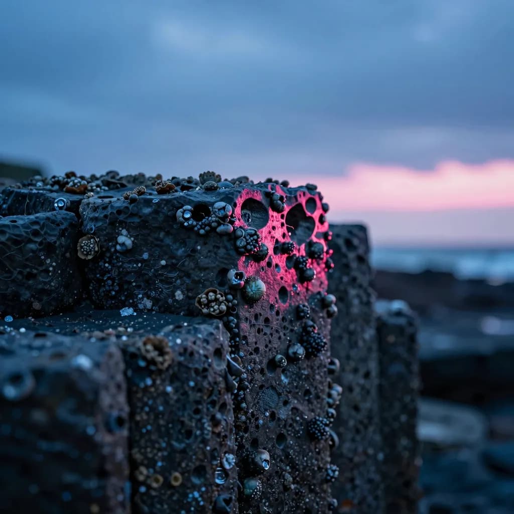 macro detail of coastal sea stack or arch under electric-blue sky with hot-pink sunset - companion image for the Klaviyo vs Omnisend decision for a small catalog