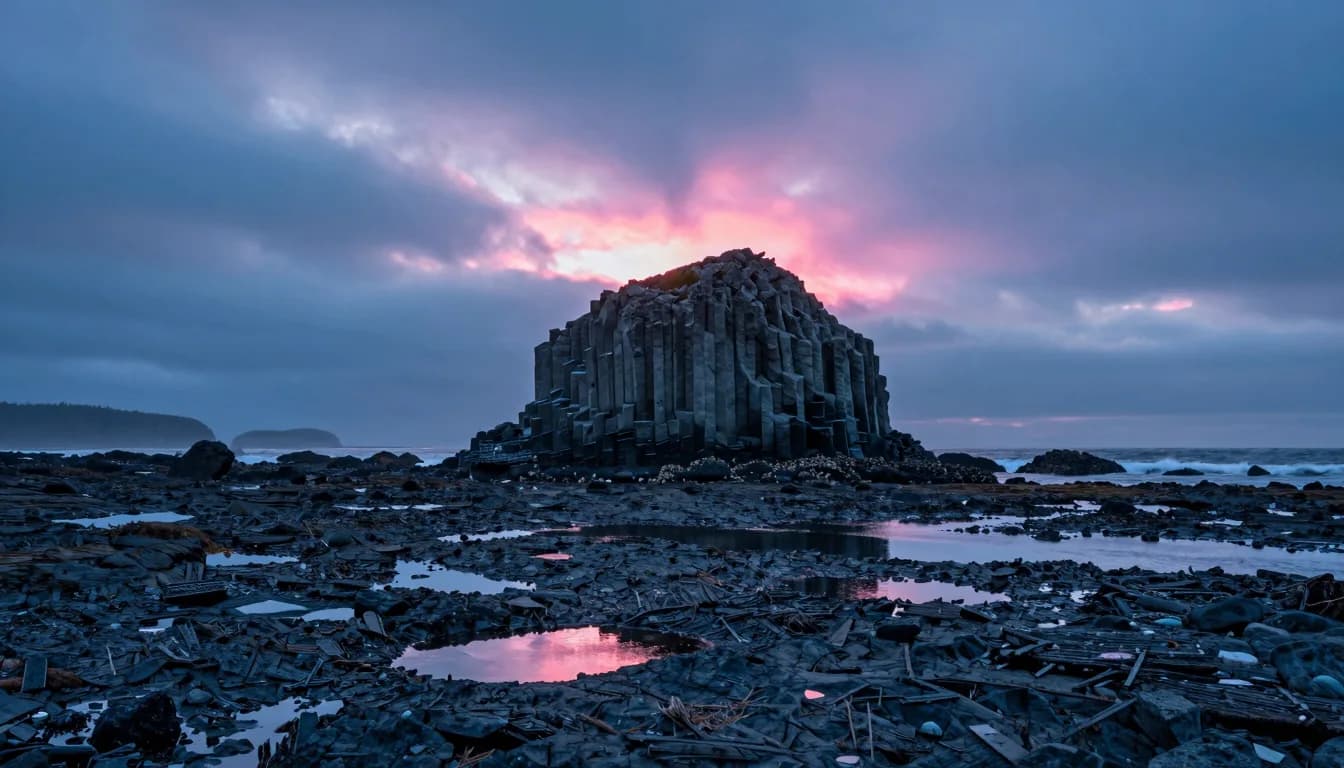 cinematic trail-aspect of coastal sea stack or arch under electric-blue sky with hot-pink sunset - companion image for the Klaviyo vs Omnisend decision for a small catalog