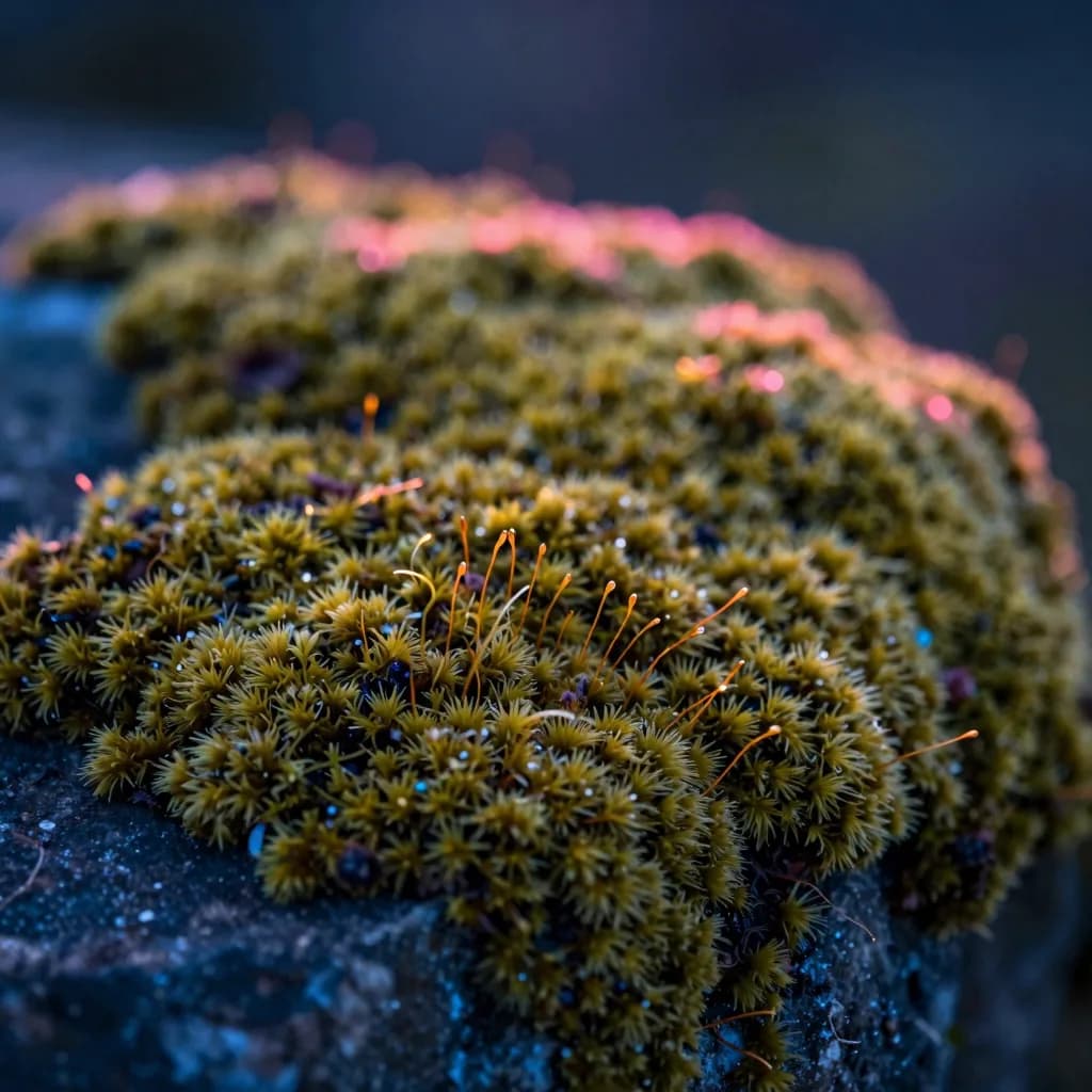 Close-up macro of yellow-green moss colonies on a weathered rock surface
