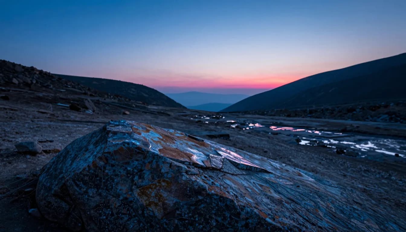Ultra-wide distant view of a solitary translucent monolith on a dim plain at dusk, vanishing horizon, electric-blue atmospheric haze, hot-pink rim on the far edge.