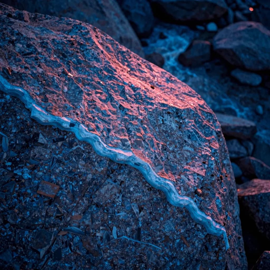 Single jagged glass fragment isolated on a dark studio backdrop, broken edge under cold electric-blue rim, hot-pink dispersion bleeding through the inner face.