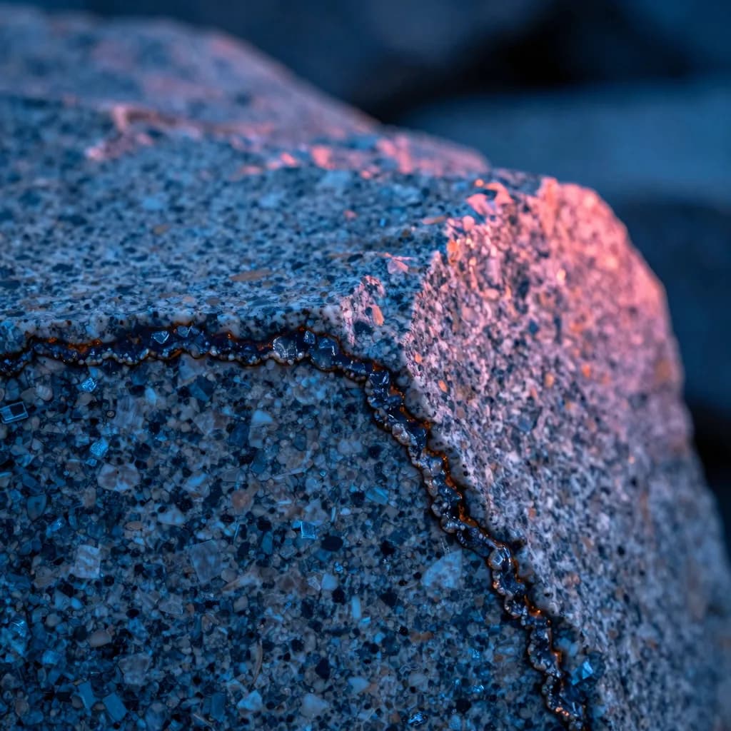 Macro close-up of crystalline dispersion on a single glass slab, refractive bands of cold blue splitting into hot-pink across the chipped corner, fine surface detail.