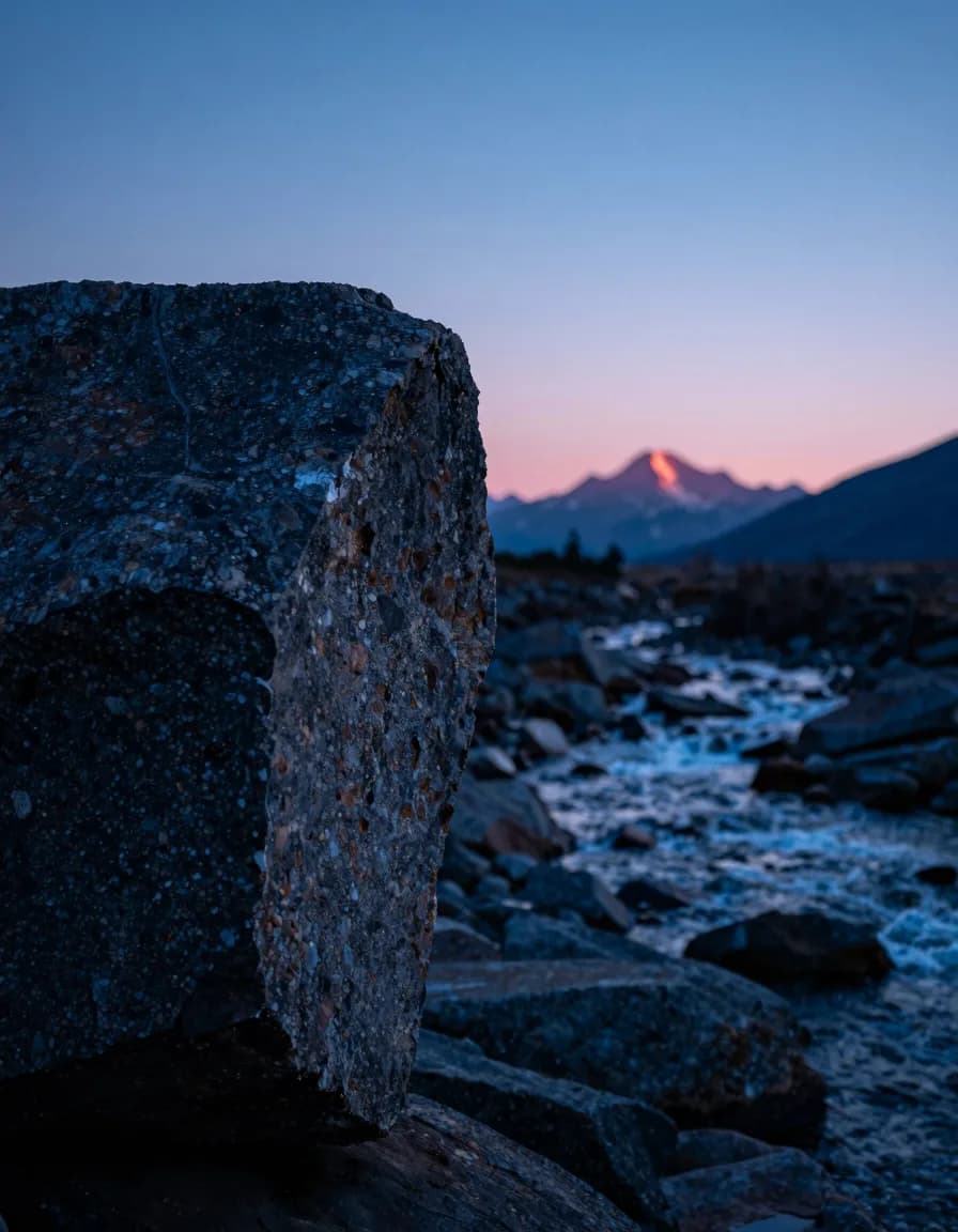 Ultra-wide backlit silhouette of a single tall translucent slab against a deep electric-blue evening sky, hot-pink magic-hour band along the low horizon.