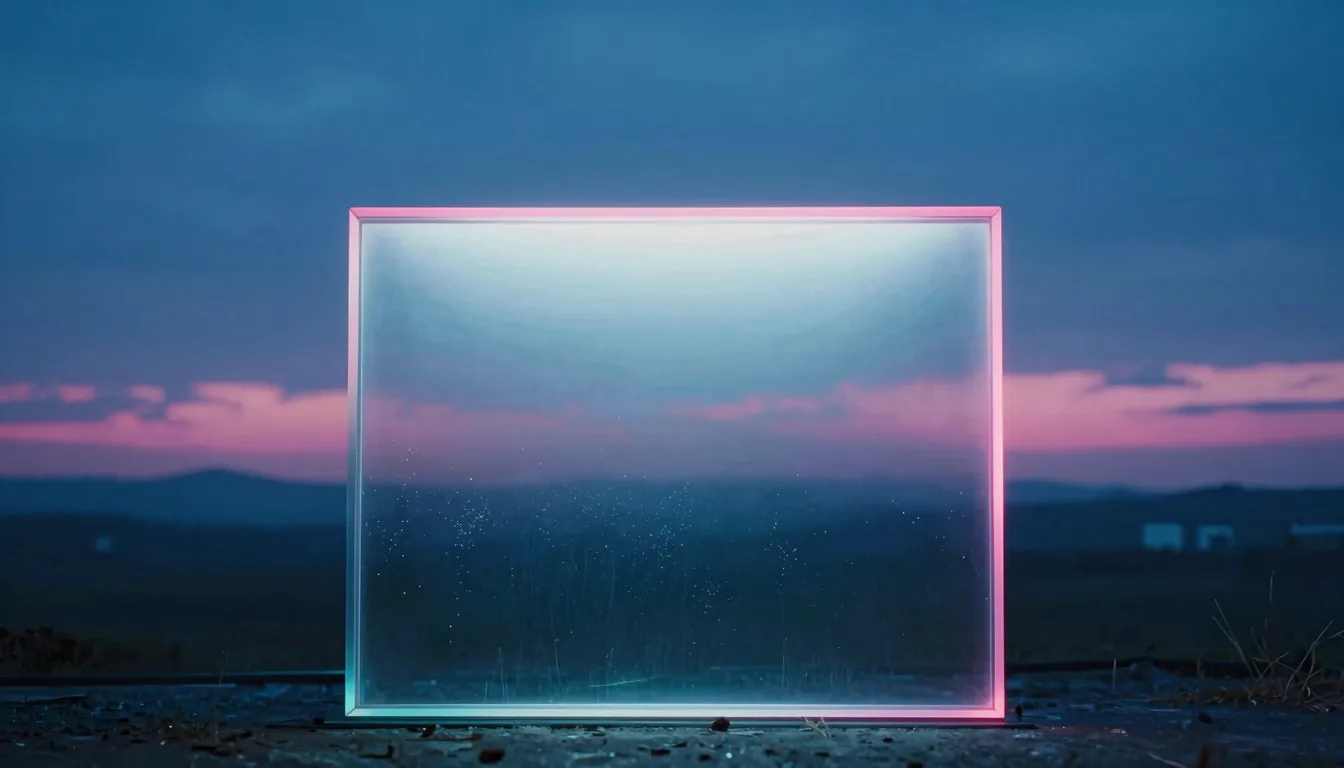 An upright pane of iridescent glass standing in a dusk landscape, a glowing wide horizontal panel of light set into its upper portion.