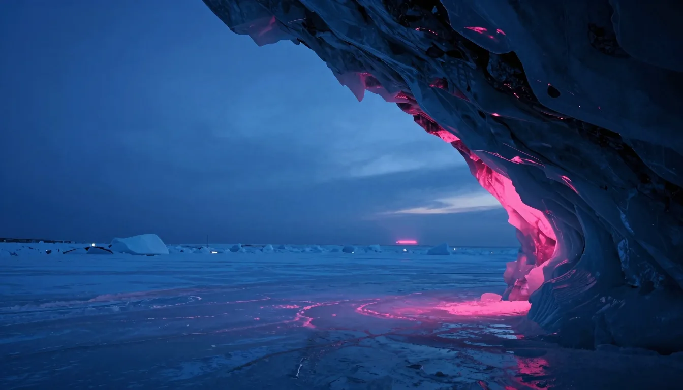 Cave seen from outside with the pink interior glow visible at the entrance