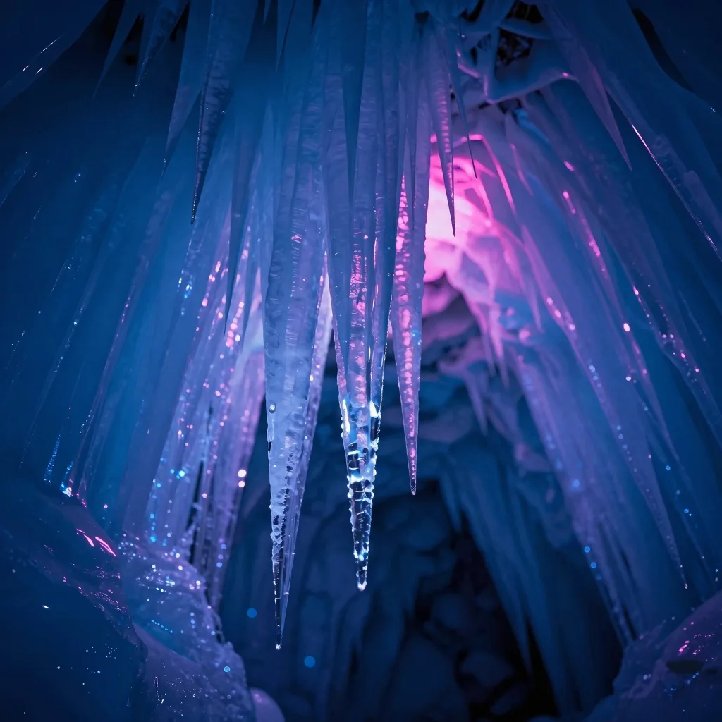 Looking up at the ice cave ceiling with hanging ice formations
