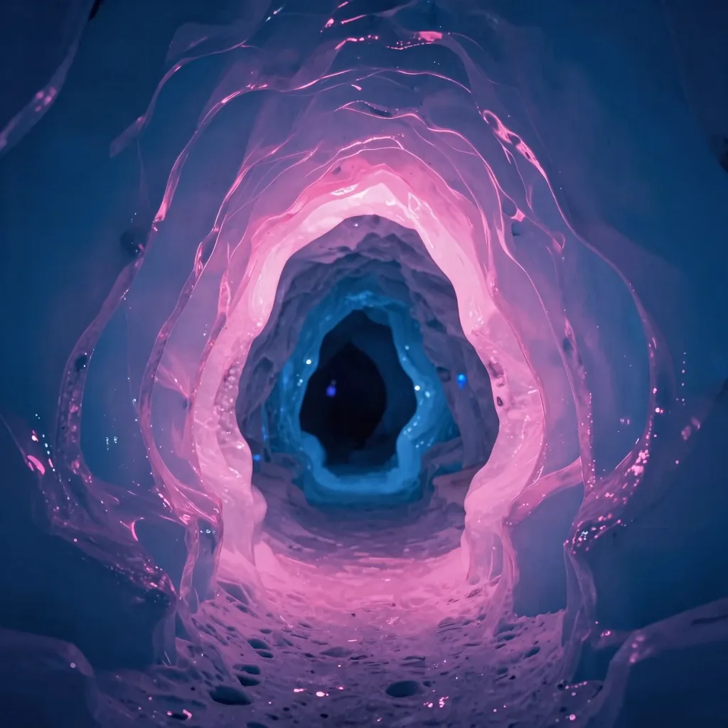 Cave entrance glowing hot-pink against the icy interior