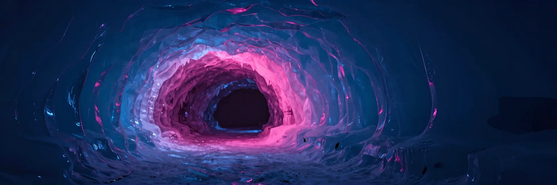 Ultra-wide pulled-back view of the cave entrance with surrounding ice formations