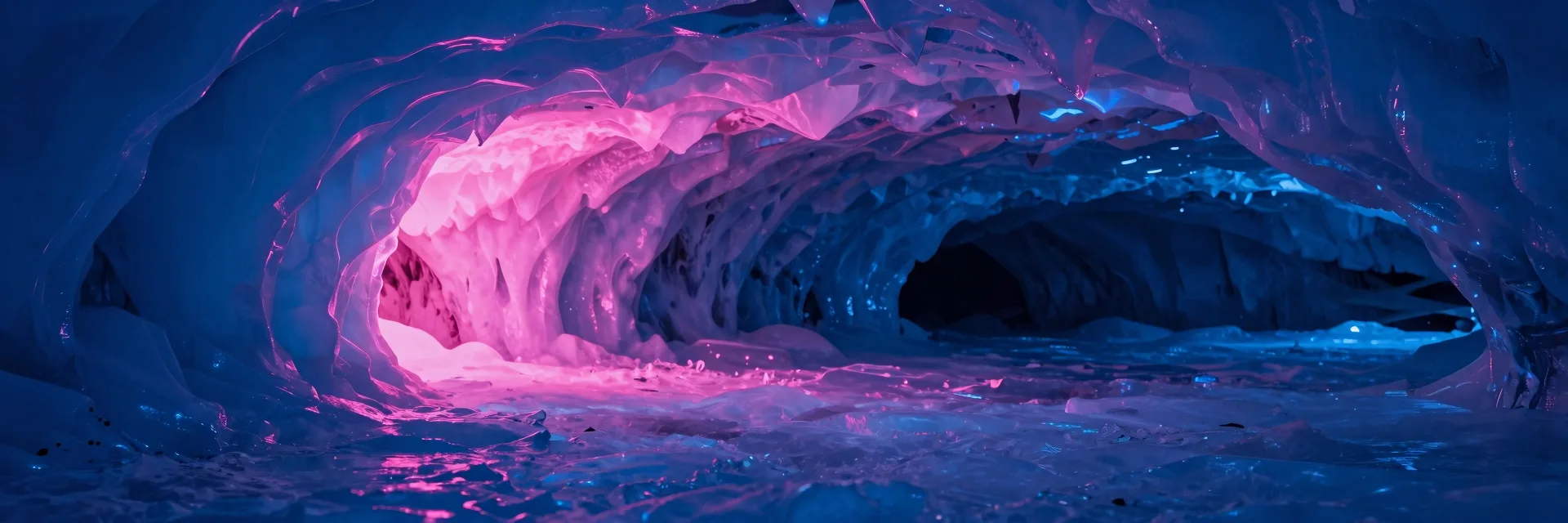 Ultra-wide view of pink light spilling out of the cave across the icy ground beyond