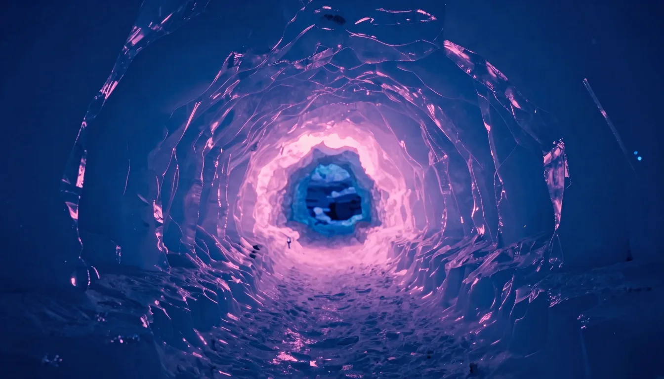 Medium-wide view of an icy cave interior with hot-pink light filtering through ice walls from the cave entrance