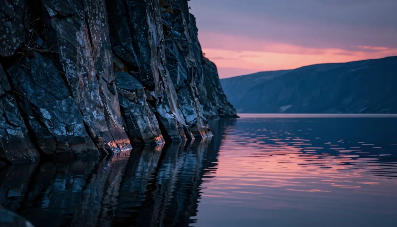 Boundary where the textured dark cliff wall meets the calm fjord water at sunset, the reflection continuing the rock face into the water.