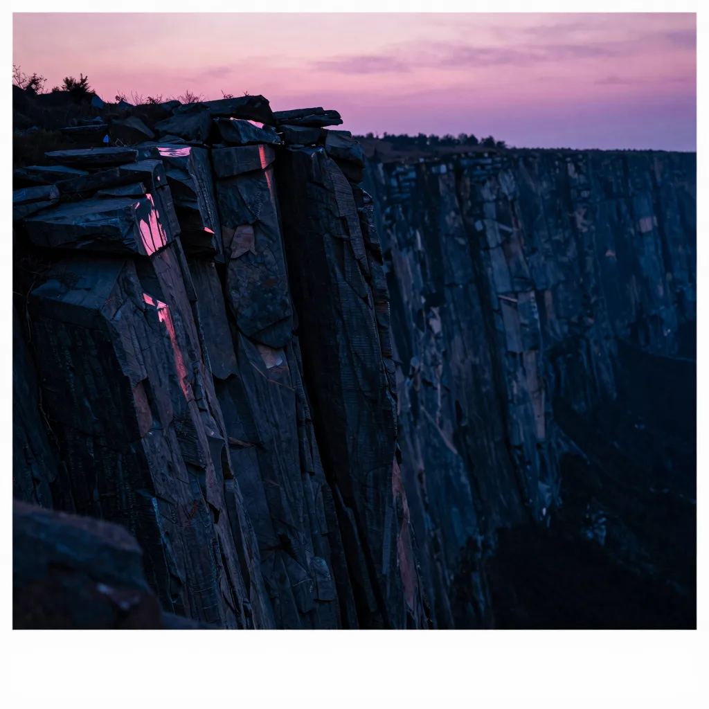 Single tall dark grey cliff face at sunset filling the lower seventy percent of the frame, the rugged stone rising vertically with deep textured layers.