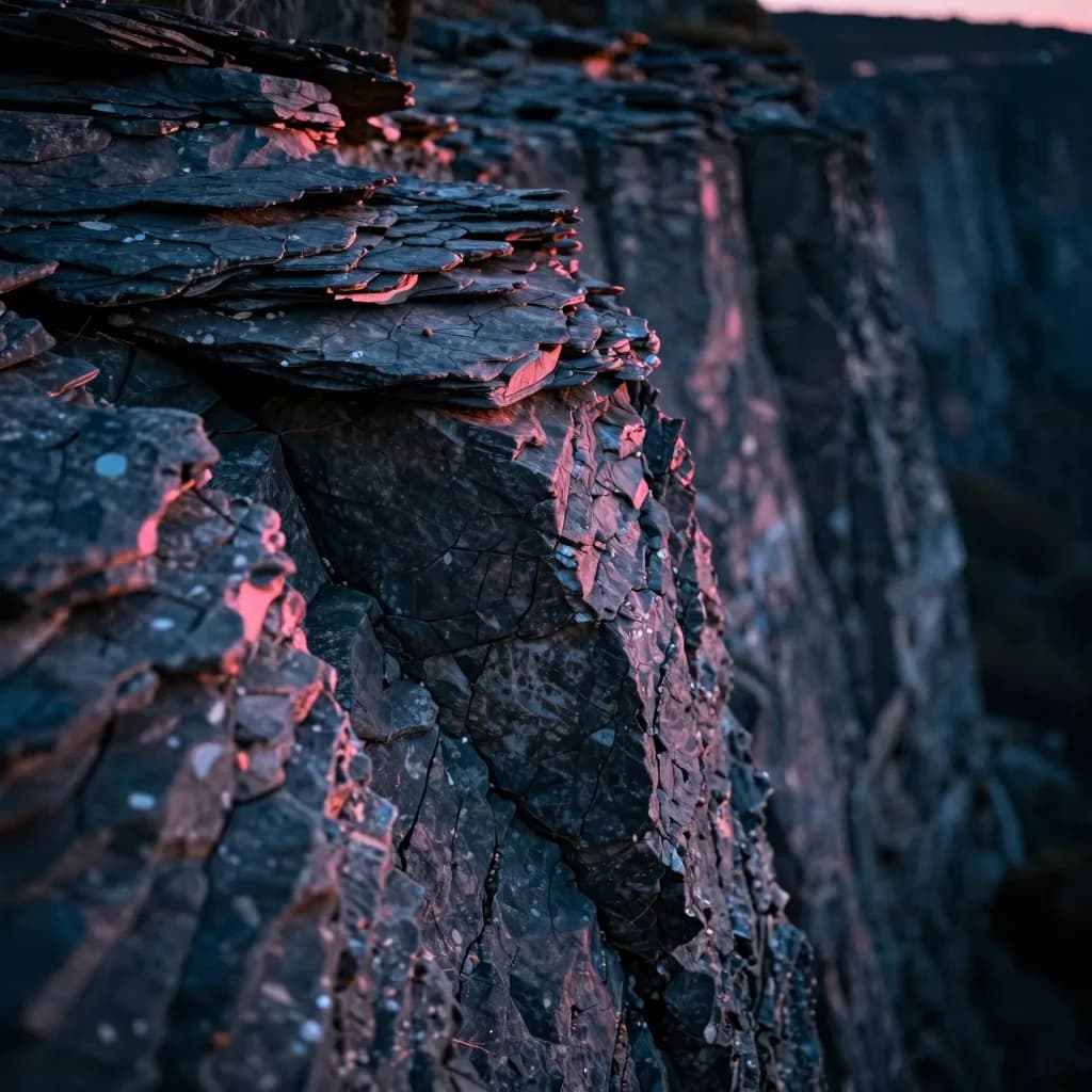 Macro of a single section of dark grey cliff wall at sunset showing layered rock texture, deep cracks, and erosion patterns.