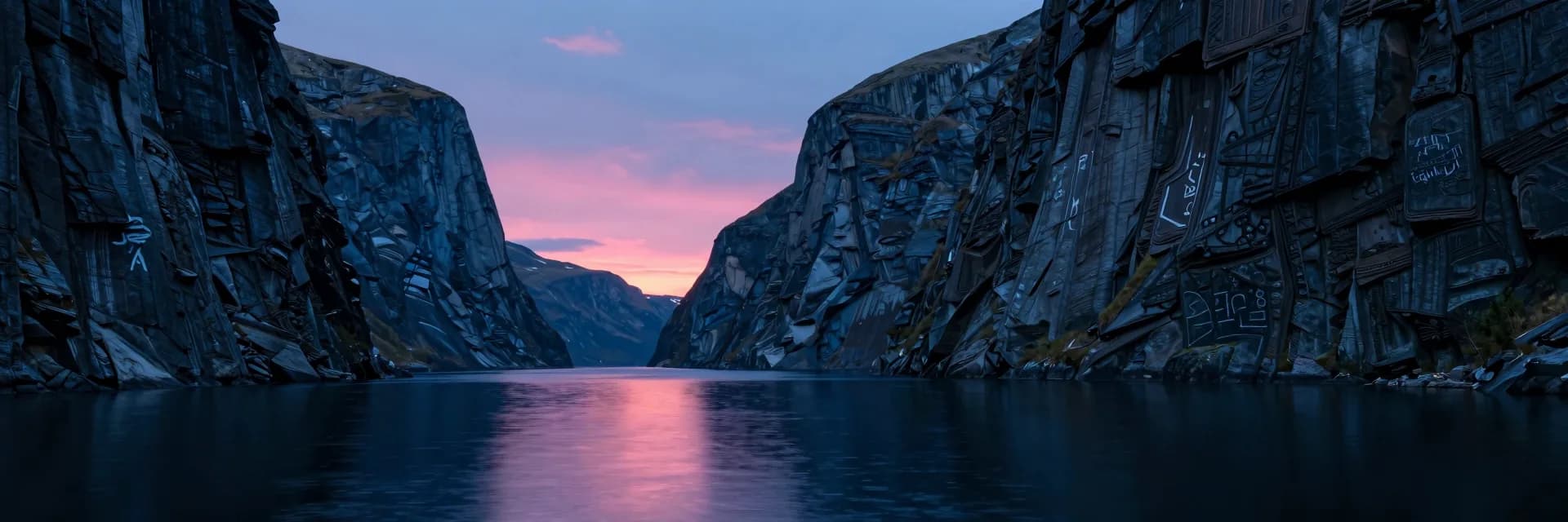 Ultra-wide looking down the length of the narrow fjord between parallel cliff walls at sunset, cliffs receding to a vanishing point with the still mirror water leading the eye.