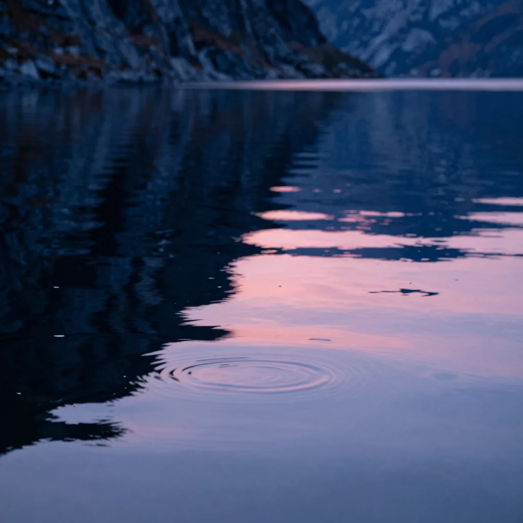 Close-up of the calm fjord water surface at sunset, subtle ripples breaking the otherwise mirror-like reflection of the cliff walls and sunset sky overhead.