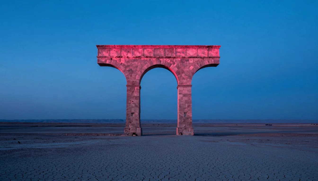 cinematic trail-aspect of architectural form aligned to the horizon under electric-blue sky with hot-pink sunset - companion image for the MCP server architecture basics guide