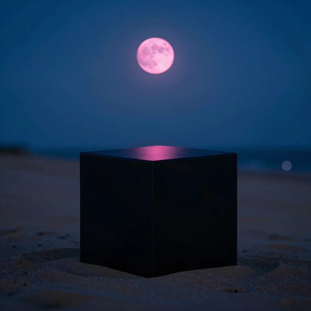A vertical view of the black cube rising from dark sand, the pink moon glow grazing one face.
