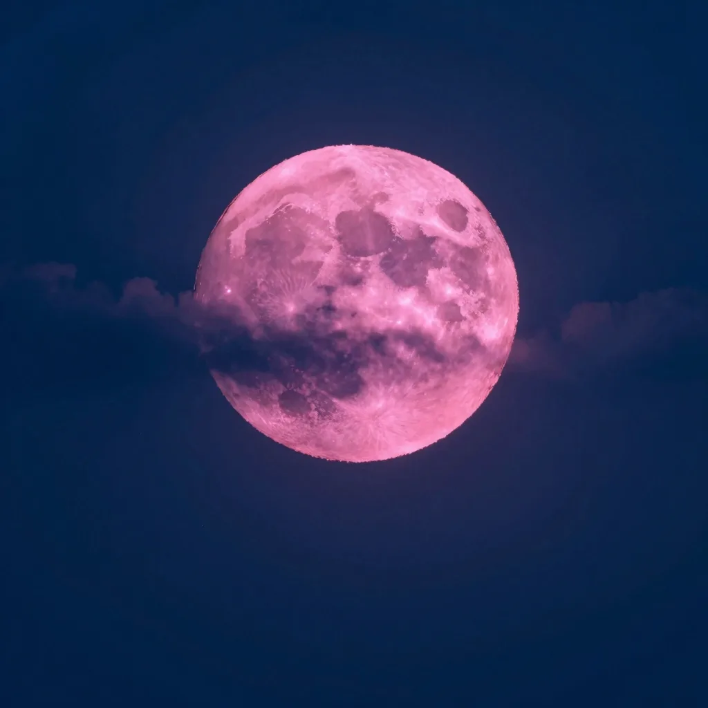 A vast pink moon dominates a deep cosmic sky, its surface detailed against the dark void.