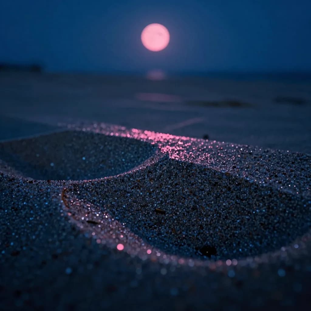 A close-up of beach sand grains catching pink moonlight, each grain casting tiny shadows.