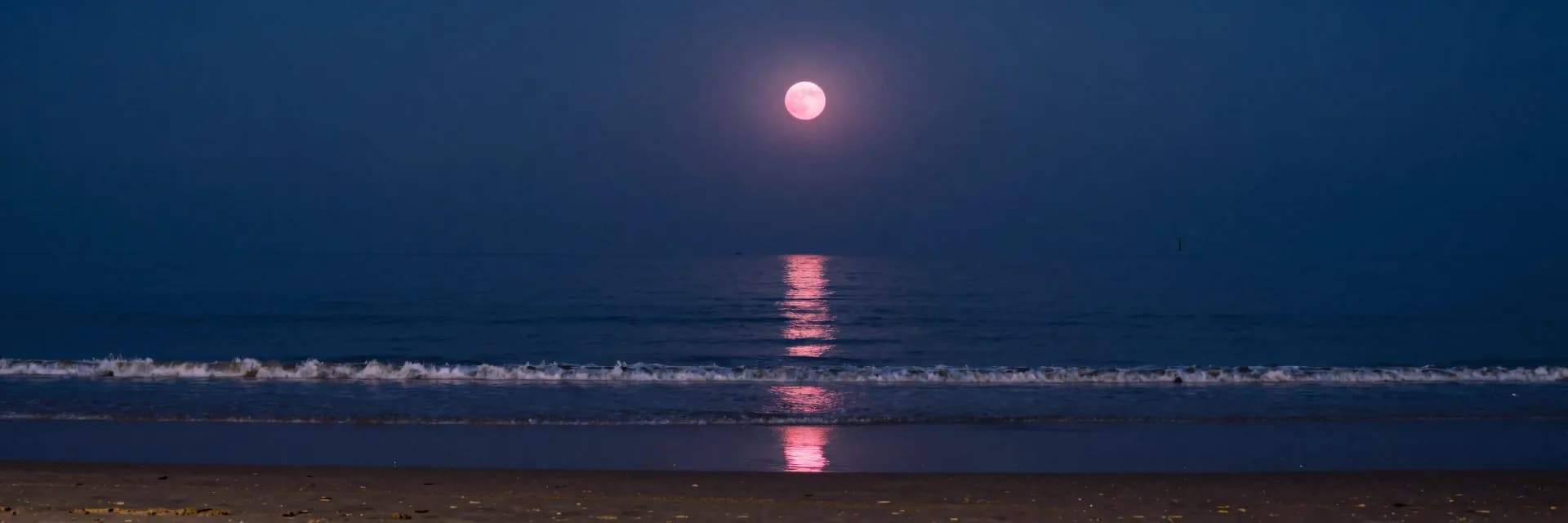 An ultra-wide shoreline recedes to a vanishing point under pink moonlight, water and sand merging in the distance.