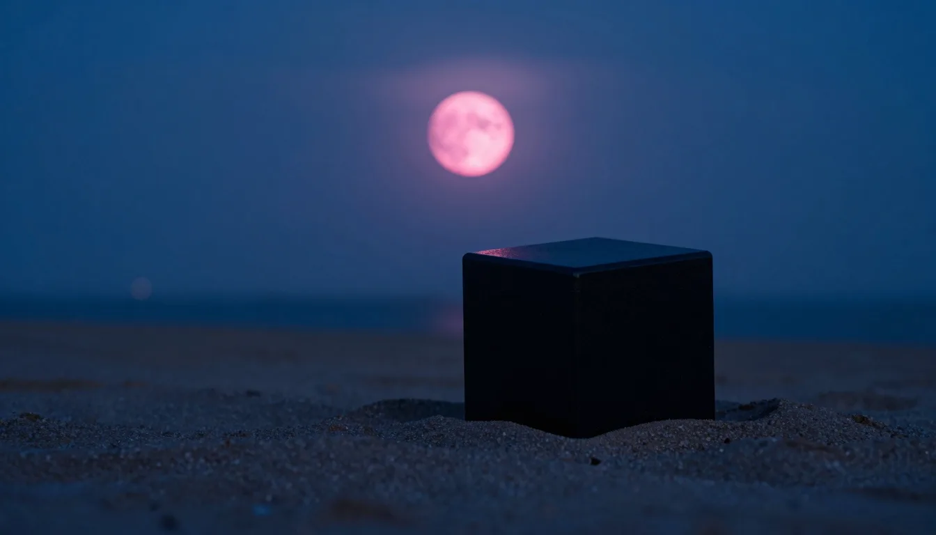 A single black cube monolith stands on a dark beach at night with a pink moon glowing overhead.