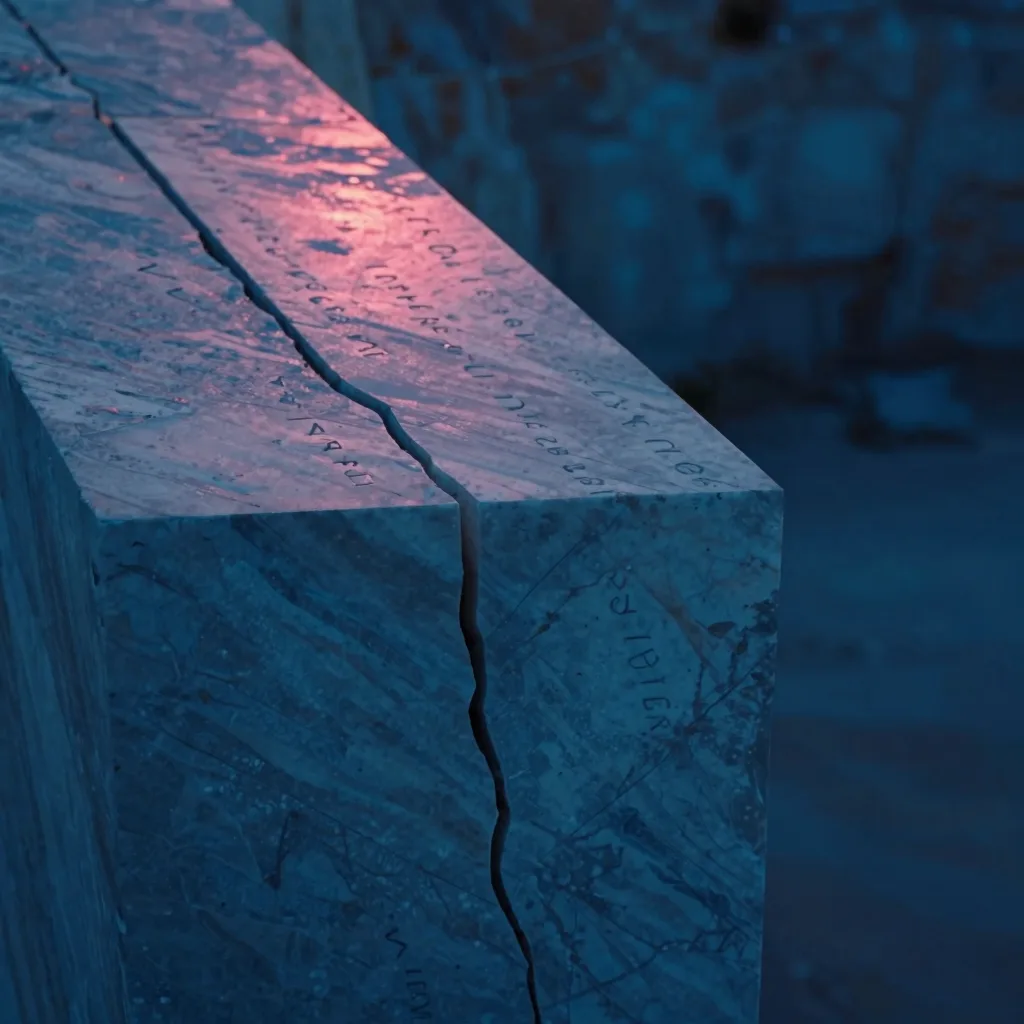 A single isolated geometric fragment lit asymmetrically with cool blue and warm pink on opposing faces, dark void behind.