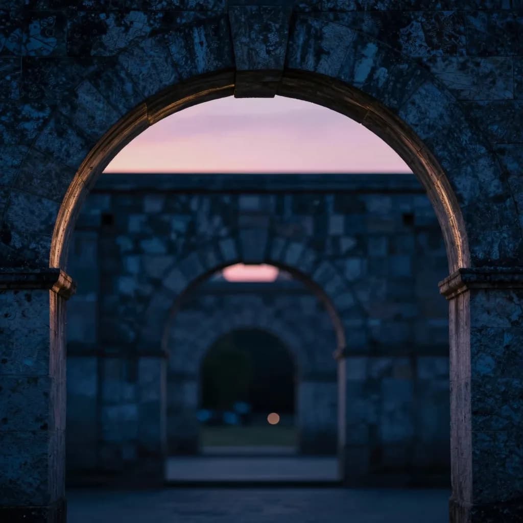 Looking up at the curved underside of an ancient stone arch, weathered keystones visible in soft light.