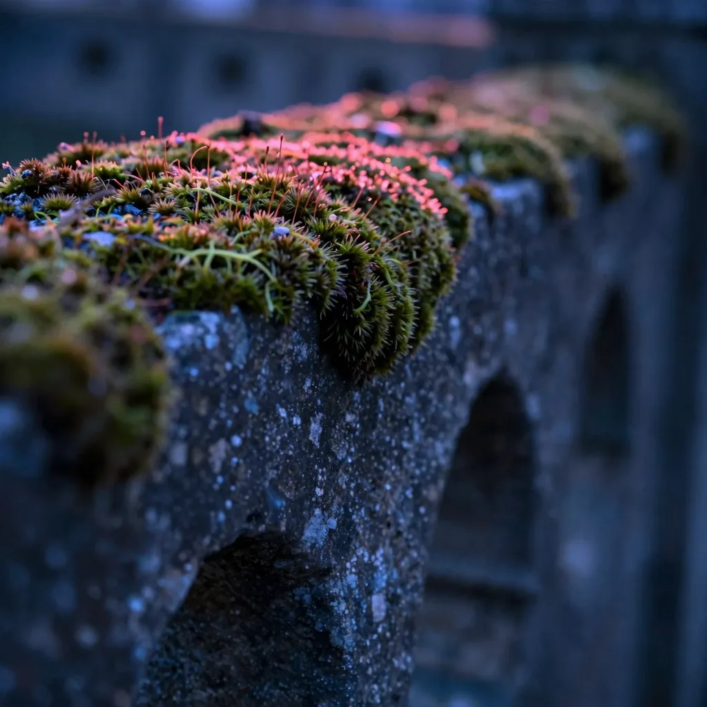 Macro close-up of moss colonies clinging to weathered ancient stone, soft texture detail.