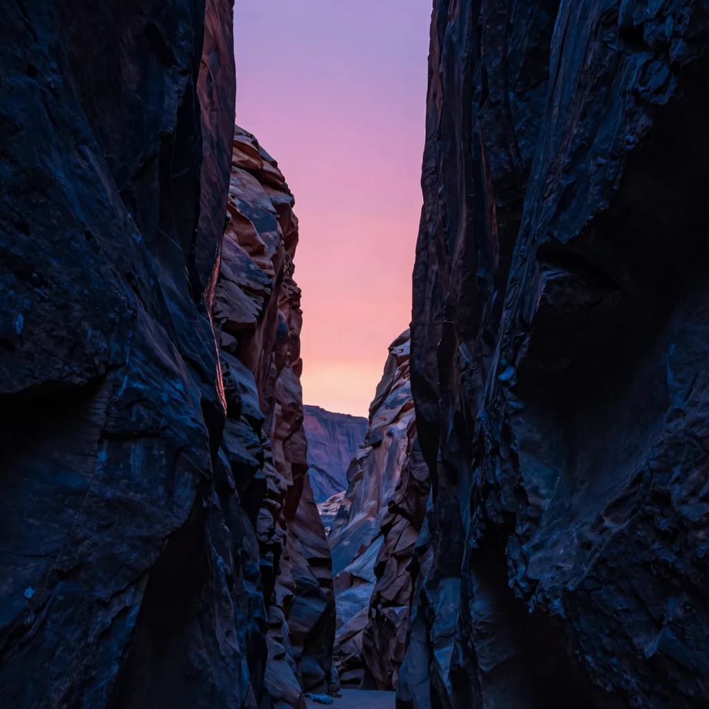 Looking straight up between the two towering canyon walls at the strip of pink sunset sky framed between them, dramatic vertical perspective.