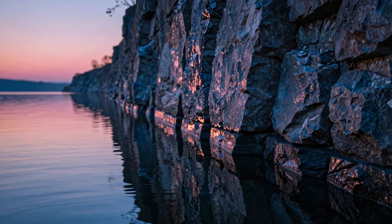 Boundary where one canyon rock wall meets the calm reflective lake at sunset, the wall texture continuing into its inverted reflection below the waterline.
