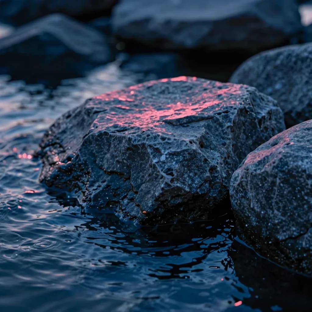 Close-up of wet dark rocks at the lake edge near the base of the sculpture.