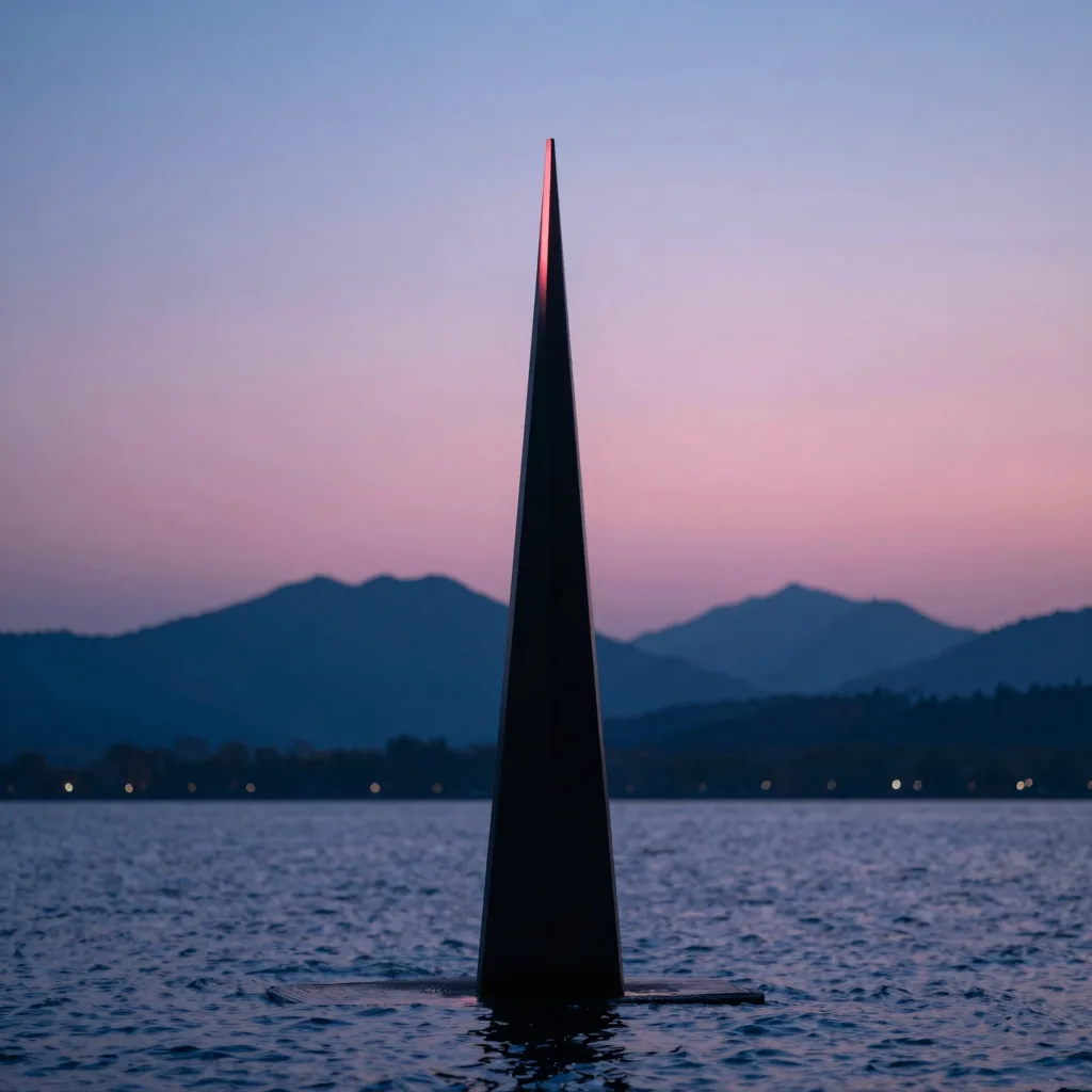 Vertical-emphasis view of a black metal sculpture rising dramatically out of glassy water.
