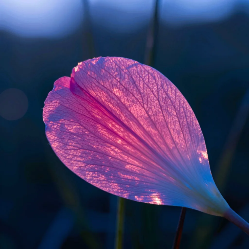 Extreme macro of a single backlit wildflower petal at sunset, the sunset glowing through the translucent petal membrane revealing fine veins.