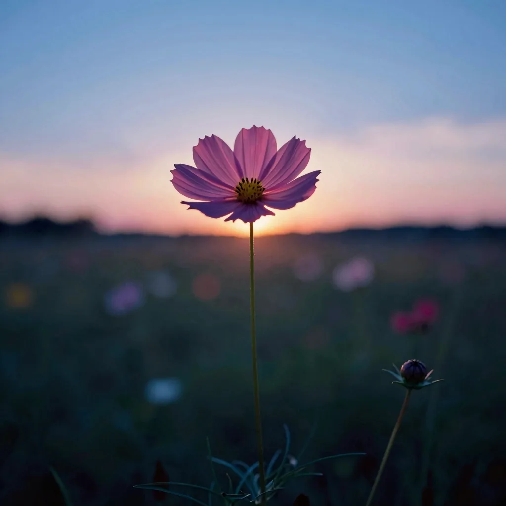 Tight macro close-up of a single wildflower at sunset, sharp petal detail, defocused grass and warm sky in the background.