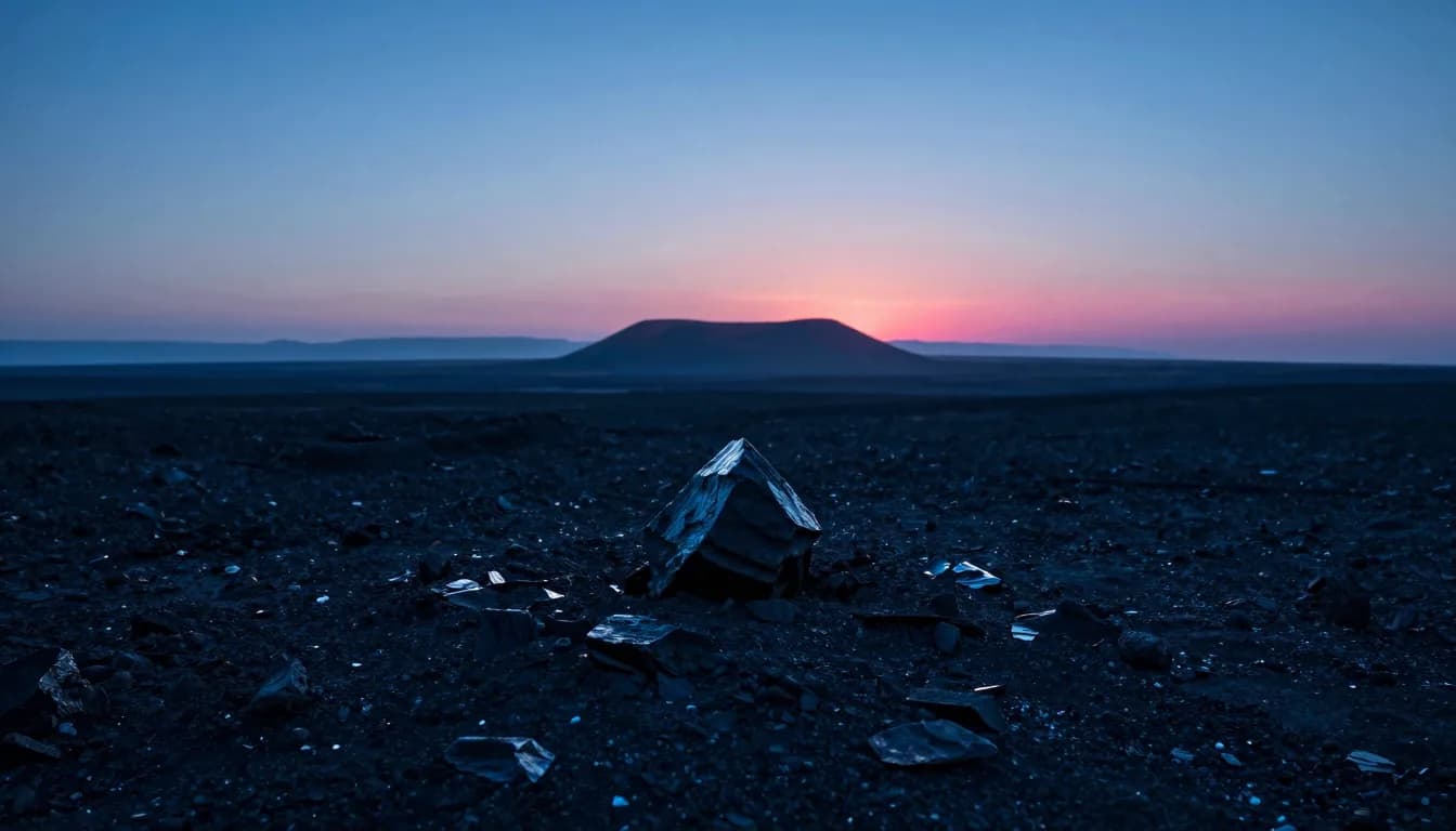 Ultra-wide distant view of a solitary translucent monolith on a dim plain at dusk, vanishing horizon, electric-blue atmospheric haze, hot-pink rim on the far edge.