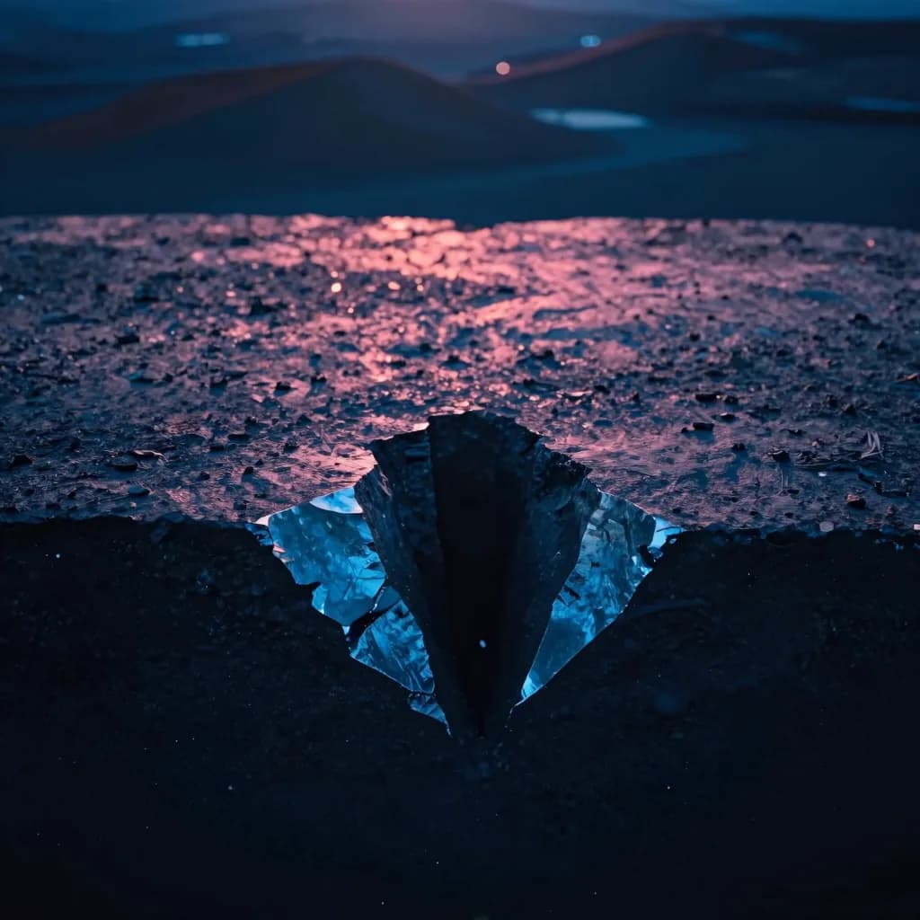 Single jagged glass fragment isolated on a dark studio backdrop, broken edge under cold electric-blue rim, hot-pink dispersion bleeding across the inner face.