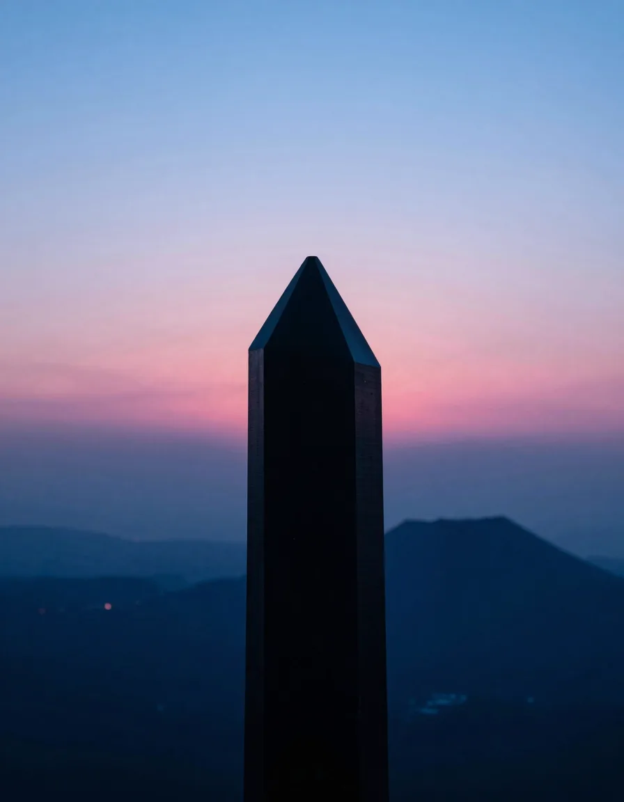 Ultra-wide backlit silhouette of a single tall translucent slab against a deep electric-blue evening sky, hot-pink magic-hour band along the low horizon.