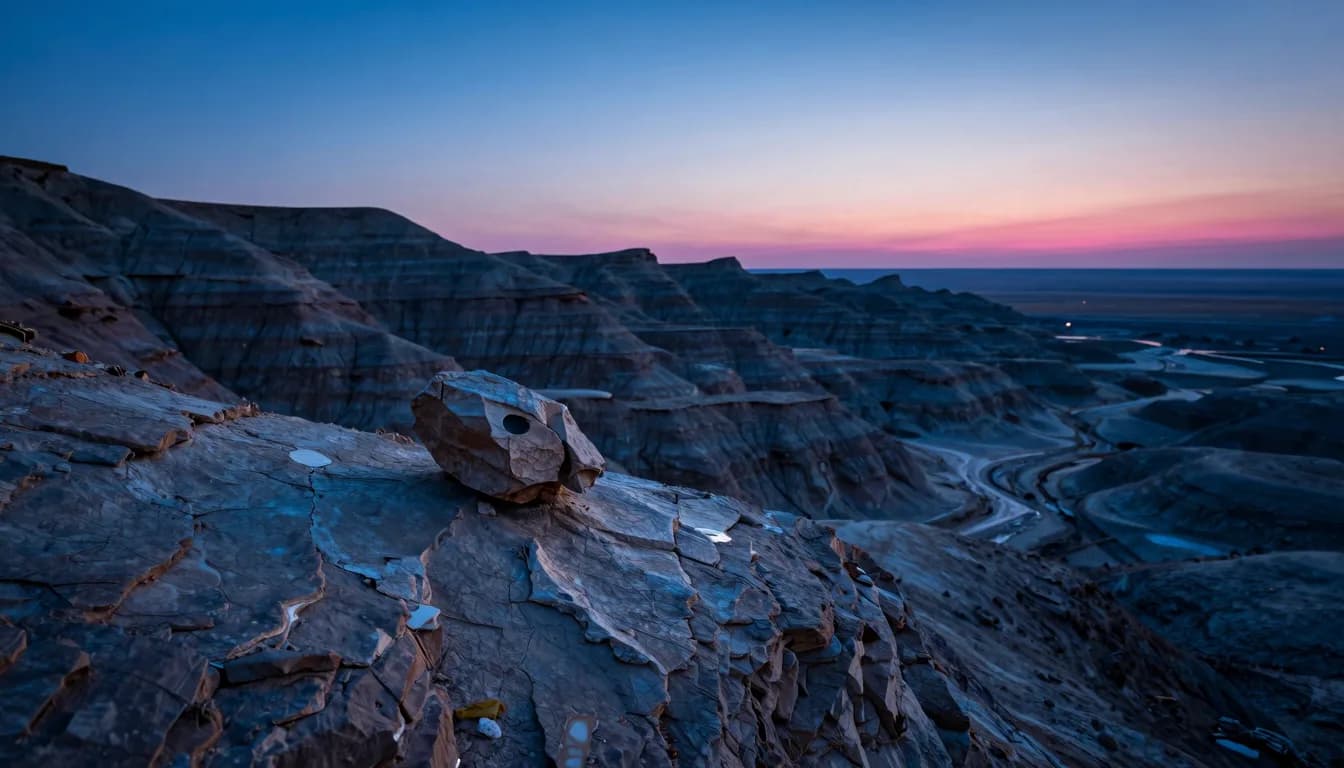 Ultra-wide distant vantage of a mineral landscape under a deep electric-blue sky, scale rendered by the single small bright point in the distance.